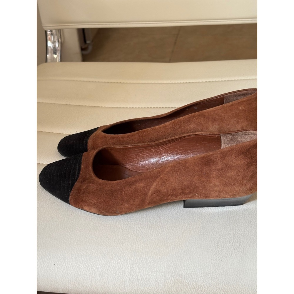 Simard & Voyer Brown Suede Black Cap Toe Low Block Heel Pumps Womens 7 B